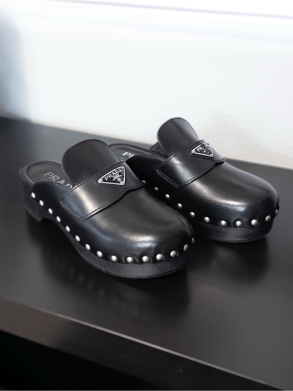 PRADA Mules Clogs Black Leather Studded Platform, Size 7 / EU 38 - Picture 13 of 13